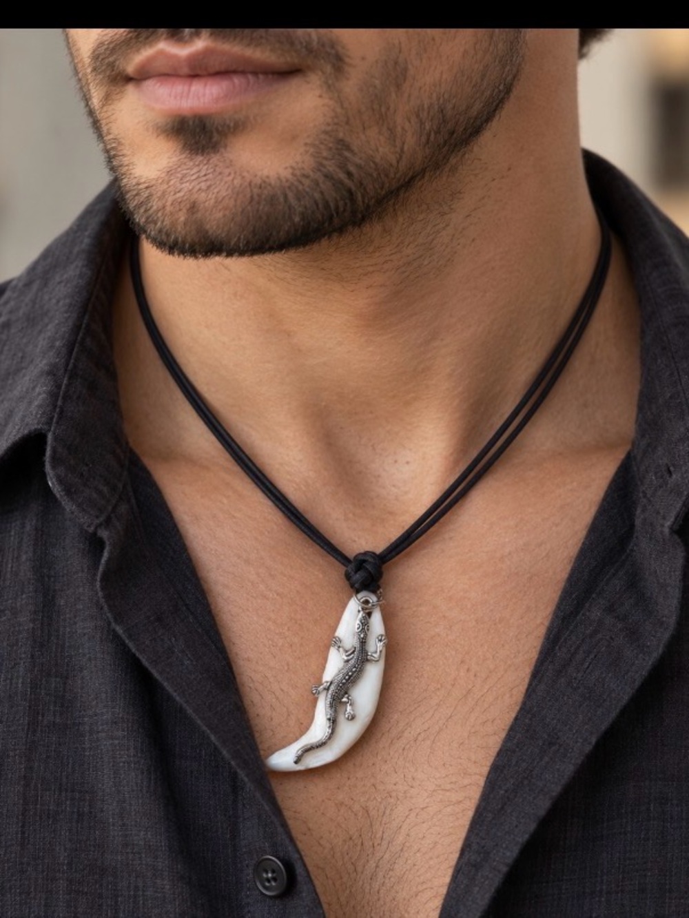 Chic Silver and White Lizard Pendant Necklace/ bear/teeth